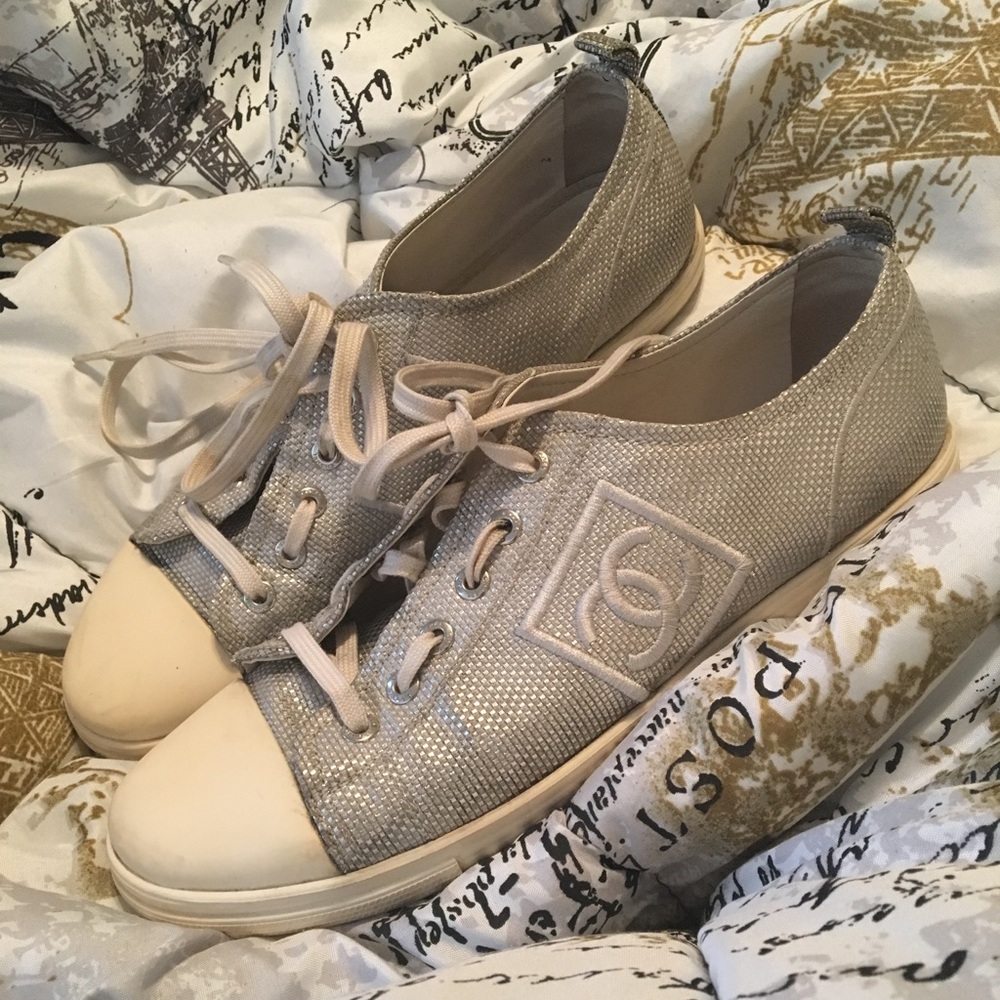 Chanel Silver weave canvas sneakers